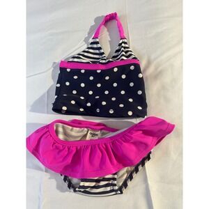 OshKosh BGosh Baby Girls 6M Swimsuit Bikini Polka Dot Stripes Ruffle Pink Navy